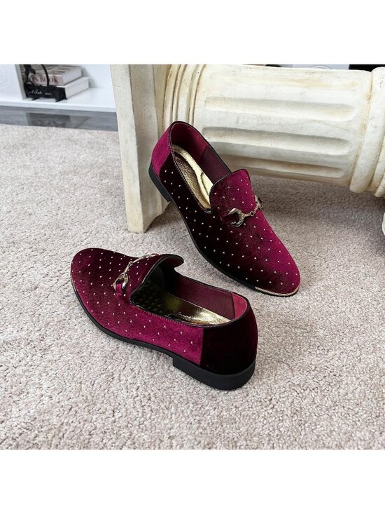 Men\'s Burgundy Suede Leather Loafers Gold Rivet Buckle Slip On Party Dress Shoes main image 5